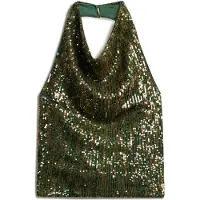 Superdry Femme Top à Sequins Col Bénitier Vert Taille: 42