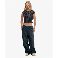 Superdry Femme Top à Manches Courtes en Mesh Floqué Blue Taille: 38