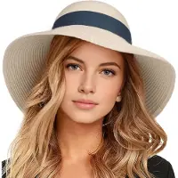 OEM Chapeau de plage pour femmes - Beige - Large bord - Chapeau de plage pliable, idéal pour les vacances et le jardin