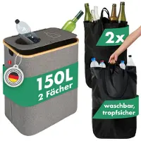Blumtal Conteneur de collecte de bouteilles consignées 150 L à 2 compartiments - Organisateur de bouteilles consignées en bambou - Collecteur de bouteilles vides - Collecteur de consignes gris