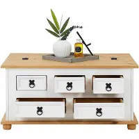 Idimex Table Basse De Salon Tequila Coffre Malle De Rangement Rectangulaire En Bois Style Mexicain 5 Tiroirs Pin Massif Lasur? Blanc Brun