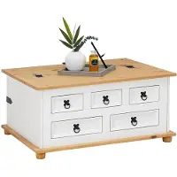 Idimex Table Basse De Salon Tequila Coffre Malle De Rangement Rectangulaire En Bois Style Mexicain 5 Tiroirs Pin Massif Lasur? Blanc Brun