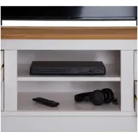 Idimex Meuble Tv Kent Banc Télévision En Pin Massif Lasuré Blanc Et Brun 144 X 46 X 45 Cm, Avec 4 Tiroirs Et 2 Niches