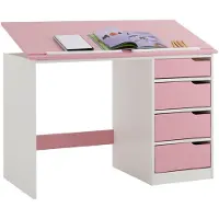 Idimex Bureau Enfant Écolier Junior Emma Pupitre Inclinable Avec 4 Tiroirs En Pin Massif, Lasuré Blanc Et Rose