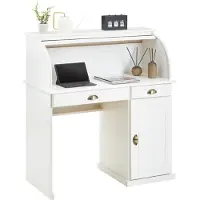 Idimex Bureau Secrétaire Tom Avec Volet Roulant Rangement 2 Tiroirs Et 1 Porte Avec Étagère, En Pin Massif Lasuré Blanc