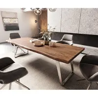 DELIFE Table-à-manger Edge 260x100cm XL acacia marron acier inoxydable argent incliné Live-Edge