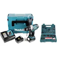 Makita DHP 458 RTJ Perceuse visseuse à percussion sans fil 91Nm 18V + 2x Batteries 5,0 Ah + Chargeur + Jeu d'embouts et de forets 100 pcs + Makpac
