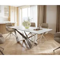 DELIFE Table-à-manger Edge 200x100cm Laminam céramique blanc pieds milieu acier plat argent