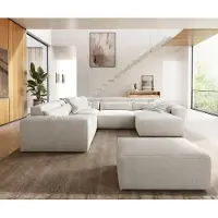 DELIFE Canapé panoramique Sirpio 300x210 cm Bouclee Crème-blanc Recamiere variable avec Tabouret