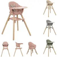 Kikkaboo Chaise haute Woody 3 en 1 pieds en bois Chaise d'enfant Repose-pieds Plateau rose