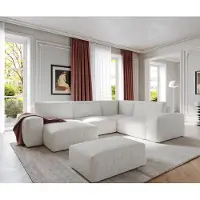 DELIFE Grand canapé d’angle Lanzo 300x210 cm bouclé blanc crème méridienne réversible avec pouf