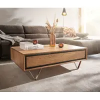 DELIFE Table basse Stonegrace 115x60 acacia nature 1 tiroir placage en pierre pieds en V