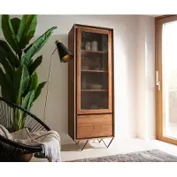 DELIFE Buffet-Haut Stonegrace 60x180 cm acacia marron plaqué pierre 1 porte 2 tiroirs pied en V noir