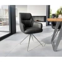 DELIFE Chaise-de-salle-à-manger Zelia-Flex avec accoudoirs cuir de vache noir pied croisé conique acier inoxydable brossé ressorts ensachés