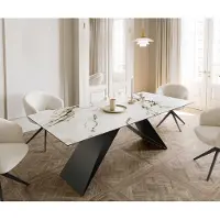 DELIFE Table à manger Edge 180-220x100 céramique Calacatta Luxe blanc-doré-gris cadre en V acier plat noir extensible
