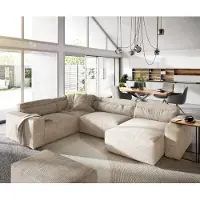 DELIFE Canapé panoramique Sirpio 300x210 cm Velours côtelé Beige Recamiere variable avec Tabouret