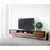 DELIFE Meuble-TV Eloi 240x35 cm acacia brun 2 portes 2 tiroirs pied en V noir