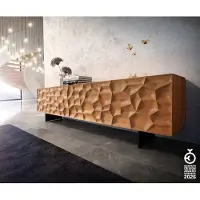 DELIFE Meuble-TV Solu 220 cm acacia naturel 2 portes 4 tiroirs pied flottant métal noir façade 3D