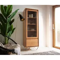 DELIFE Vitrine Stonegrace 60x175 acacia nature 1portes 2 tiroirs placage en pierre pieds en V