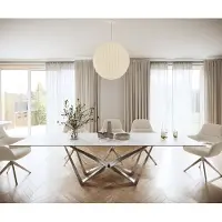 DELIFE Table-à-manger Edge 300x100cm Laminam céramique blanc pieds milieu acier plat argent