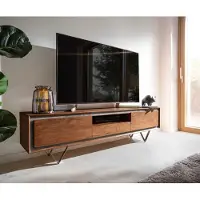 DELIFE Meuble-TV Stonegrace 175 cm acacia marron plaqué pierre 2 portes 1 tiroir 1 compartiment pied en V noir