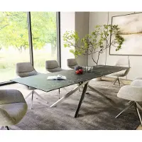 DELIFE Table-?-manger Edge 300x100cm Laminam c?ramique gris pieds milieu crois? argent