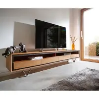 DELIFE Buffet bas Stonegrace 240 cm acacia nature 2 compartiments 4 tiroirs placage en pierre pieds en V
