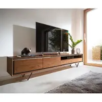 DELIFE Meuble-TV Stonegrace 240 cm acacia marron plaqué pierre 2 portes 2 tiroirs 1 compartiment pied en V noir