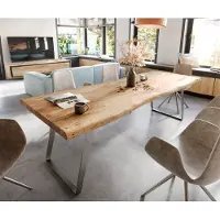 DELIFE Table à manger Edge 280x100 XL acacia nature acier inoxydable inclinée Live-Edge