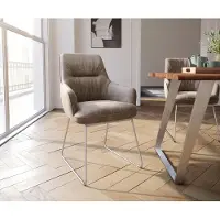 DELIFE Chaise-de-salle-à-manger Zelia-Flex avec accoudoirs microvelours taupe vintage pied trapèze acier inoxydable brossé ressorts ensachés