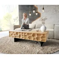 DELIFE Table basse Solu 120 cm chêne naturel 4 tiroirs pied profilé métal noir face avant 3D
