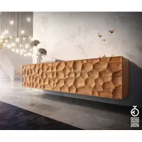 DELIFE Meuble-TV Solu 175 cm acacia naturel 2 portes 2 tiroirs flottant façade 3D