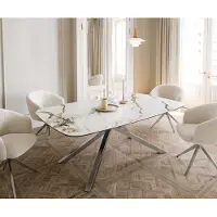 DELIFE Table à manger Edge en forme de bateau 200x100 céramique Calacatta Luxe blanc-doré-gris cadre croisé rectangulaire acier inoxydable