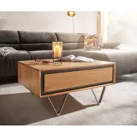 DELIFE Table basse Stonegrace 80x60 acacia nature 2 tiroirs placage en pierre pieds en V
