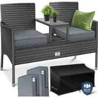 Kesser Banc de jardin en polyrotin, pour 2 personnes, dimensions 133x55x84 cm, résistant aux intempéries, comprenant une table et des coussins