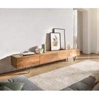 DELIFE Meuble TV Wyatt 220 cm acacia naturel 4 tiroirs pied en V inox
