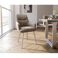 DELIFE Chaise-de-salle-à-manger Zelia-Flex avec accoudoirs microvelours taupe vintage 4 pieds coniques acier inoxydable brossé ressorts ensachés
