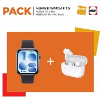 Huawei Pack Montre connectée Watch Fit 5 Bluetooth Noir avec bracelet en fluoroélastomère Noir + Ecouteurs sans fil True Wireless FreeBuds SE 4 ANC avec réduction de bruit active Blanc