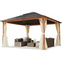 TOOLPORT Tonnelle de jardin 4x4 m aspect bois, toit en acier 4 parois latérales, champagne
