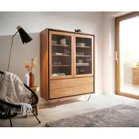 DELIFE Vitrine Stonegrace 115x150 acacia nature 2 portes 4 tiroirs placage en pierre pieds en V