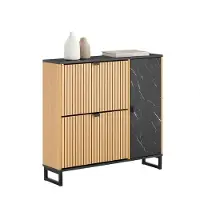 SoBuy FSR203-N Meuble à chaussures pour entrée étroite, 2 abattants et porte latérale, design scandinave, compact, noir et bois clair, 90 x 24 x 88 cm