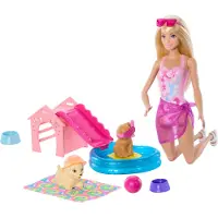 Barbie Coffret de jeu Puppy Pool avec chiens aux couleurs changeantes