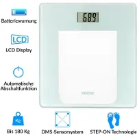 Deuba Pèse-personne numérique écran LCD 180kg système de capteurs slim moderne balance salle de bain technologie STEP-ON blanc