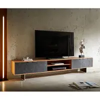 DELIFE Meuble-TV Teele 240 cm acacia naturel ardoise 4 portes pied flottant inoxydable