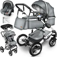 Kiduku 3 en 1 Poussette combinée Gris/Argent Buggy Poussette de voyage avec siège-auto Pliable ECE R129