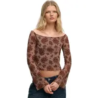Superdry Femme Imprimé Floral En Mesh Floqué Top À Manches Longues, Marron - Taille: 36