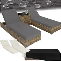 TecTake 2 chaises longues en rotin avec structure en aluminium et table, housse de protection incluse - marron naturel