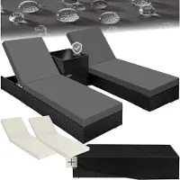 TecTake 2 chaises longues en rotin avec structure en aluminium et table, housse de protection incluse - noir