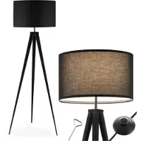 TecTake Lampadaire - Lampadaire 3 pieds - Hauteur 158 cm - Abat-jour aspect lin - Interrupteur à pied - Noir