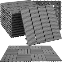 TecTake WPC wood tiles - Dalles aspect bois - Résistant aux intempéries - Sol extérieur - Dalles de sol - Sol de balcon - Dalles de terrasse avec système click - Drain - Lot de 11 - Gris